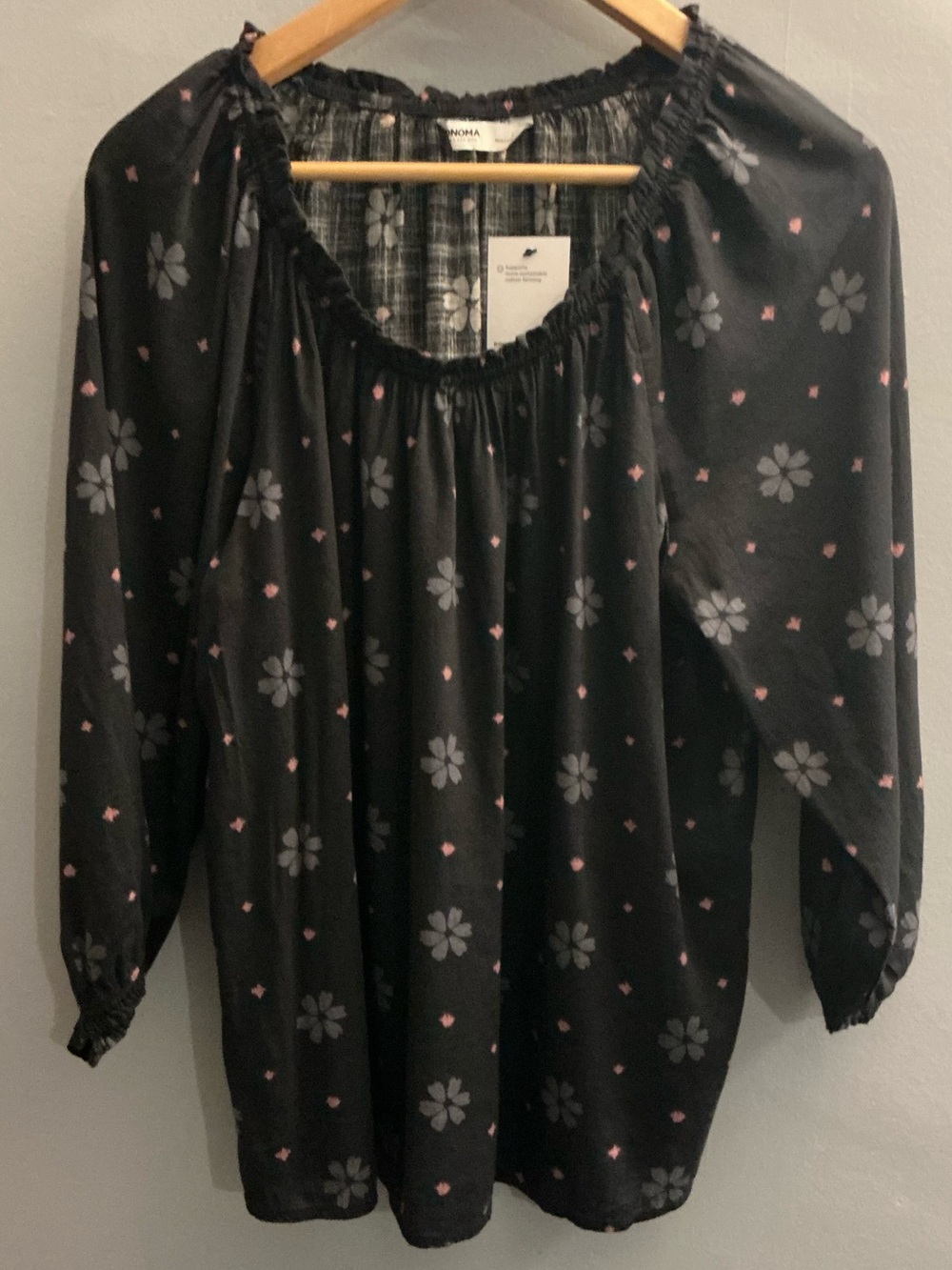 NWT Black Floral Boho Peasant Blouse Long Sleeve L